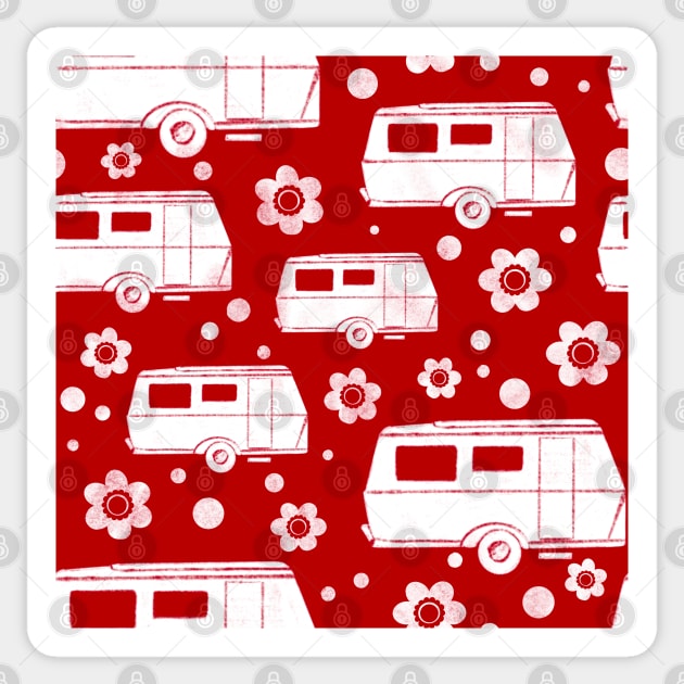 Vintage Caravan block print in red and white Sticker by NattyDesigns